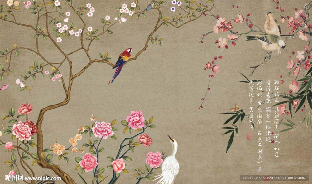 富贵牡丹花鸟图