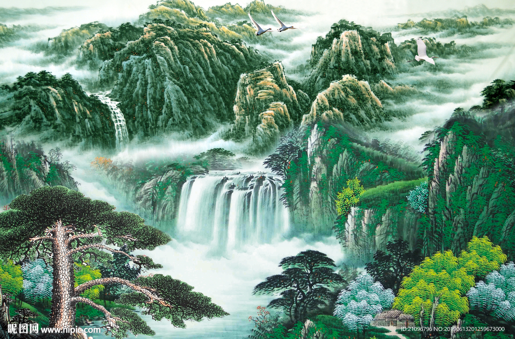 国画山水 迎客松背景墙