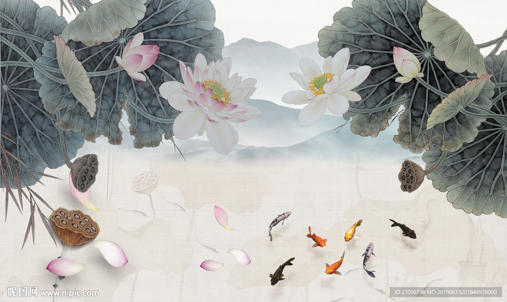 沙发背景墙 荷花