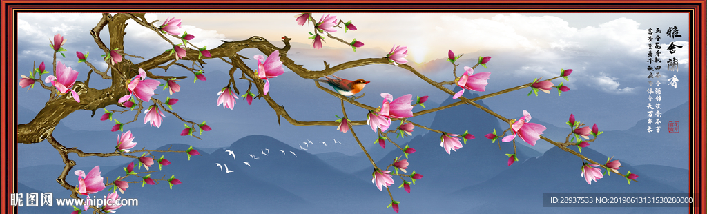 原创玉兰花鸟雅啥兰香装饰画壁画