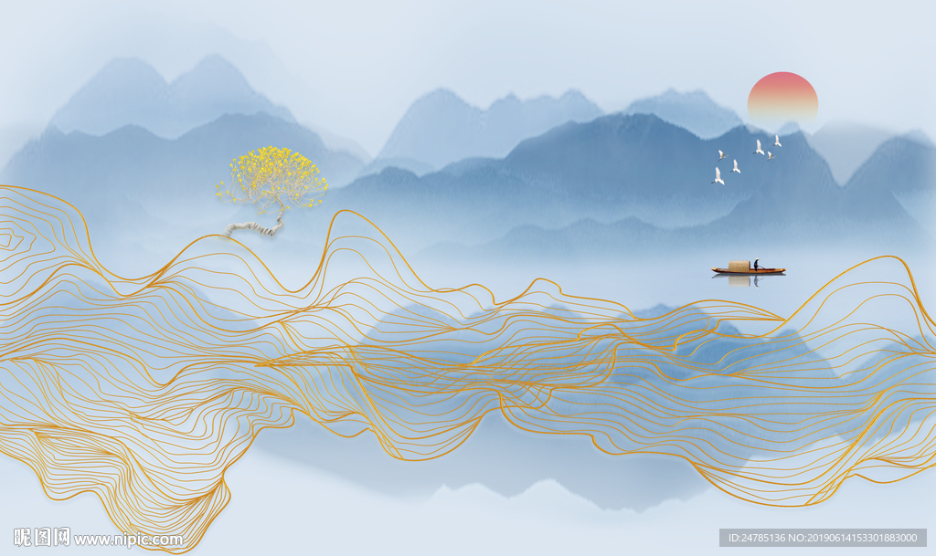 新中式轻奢立体水墨山水画