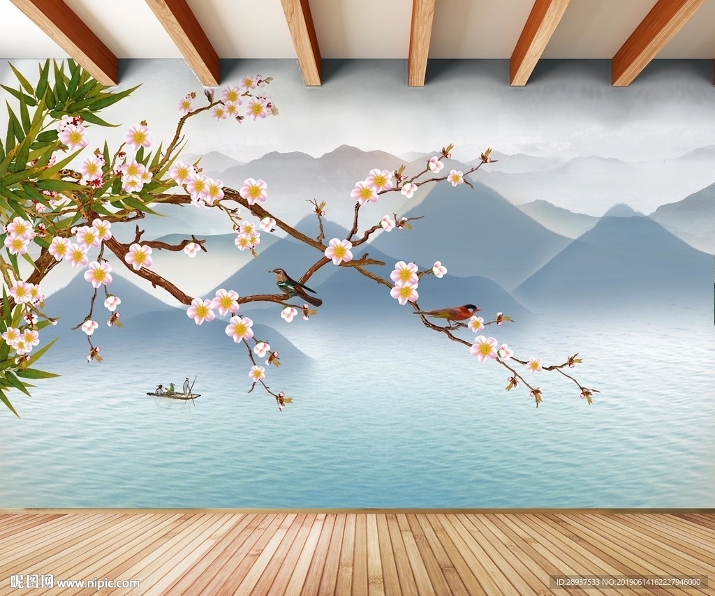 原创梅花竹子花鸟背景墙装饰画