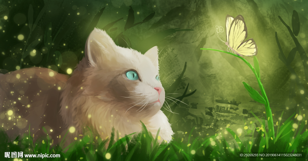手绘插画凝视蝴蝶的猫咪