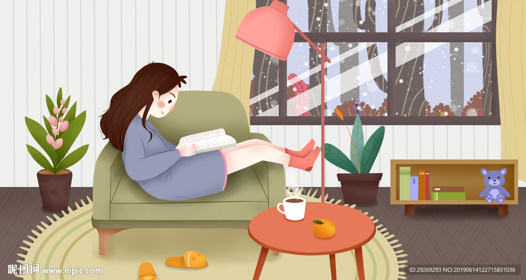 手绘插画少女室内