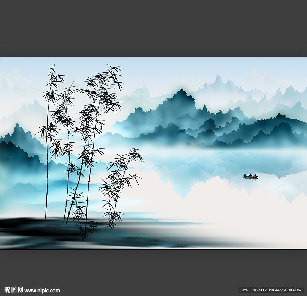 新中式意境山水墨竹背景墙