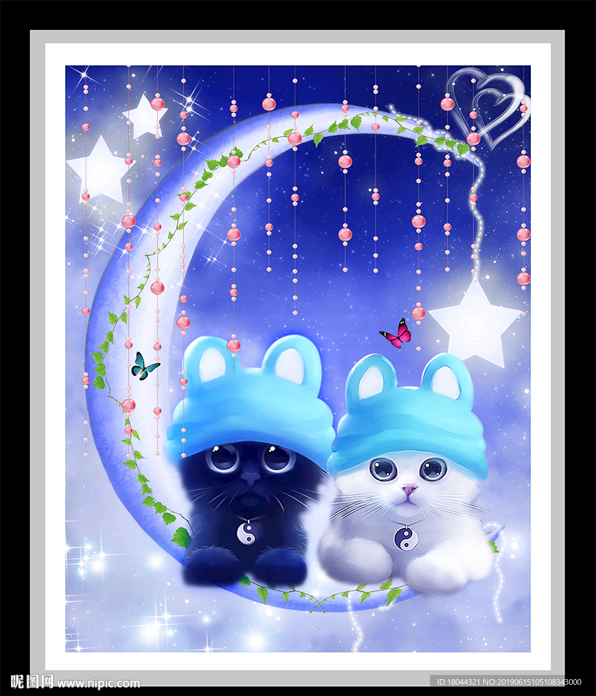 月亮星星可爱黑白猫装饰画