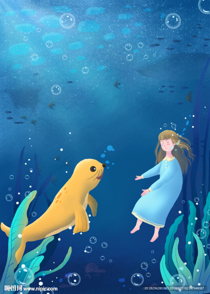 女孩与海狮海底游泳背景