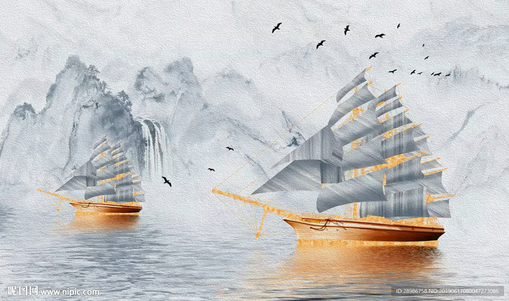 帆船油画背景墙图片