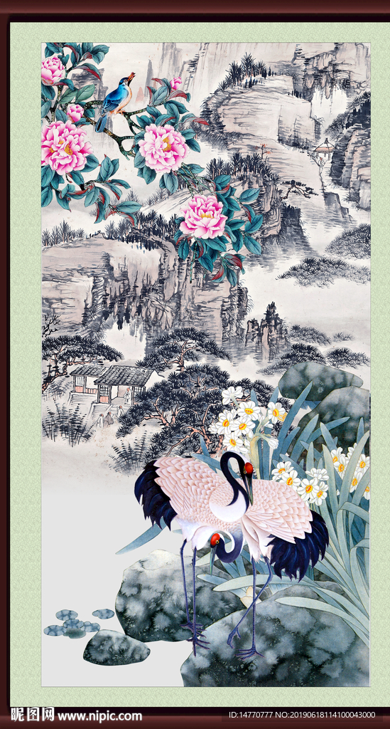 巨幅山水画 仙鹤