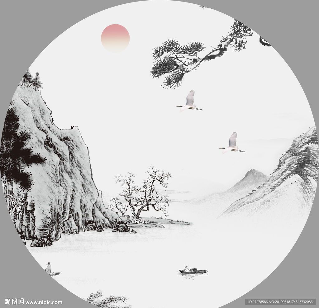 水墨迎客松山水画