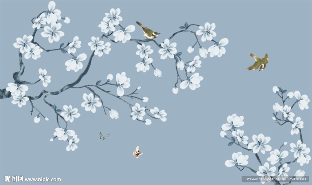 中式手绘玉兰花鸟壁画