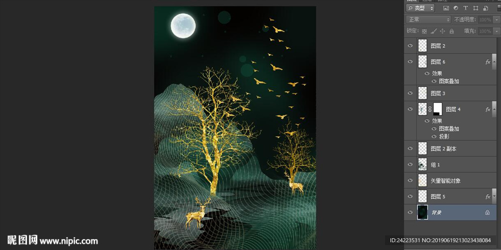 新中式抽象发财树麋鹿山水晶瓷画