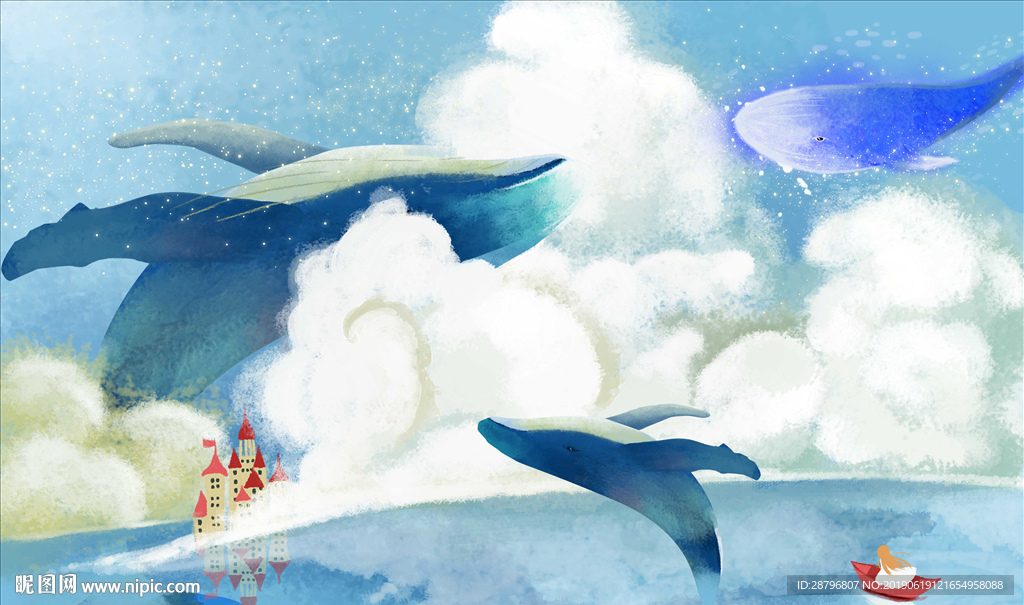 北欧手绘鲸鱼天空背景墙壁画