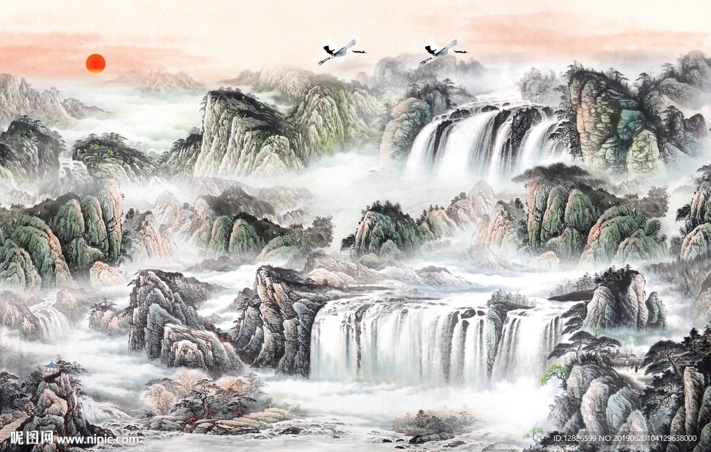 山水瀑布画