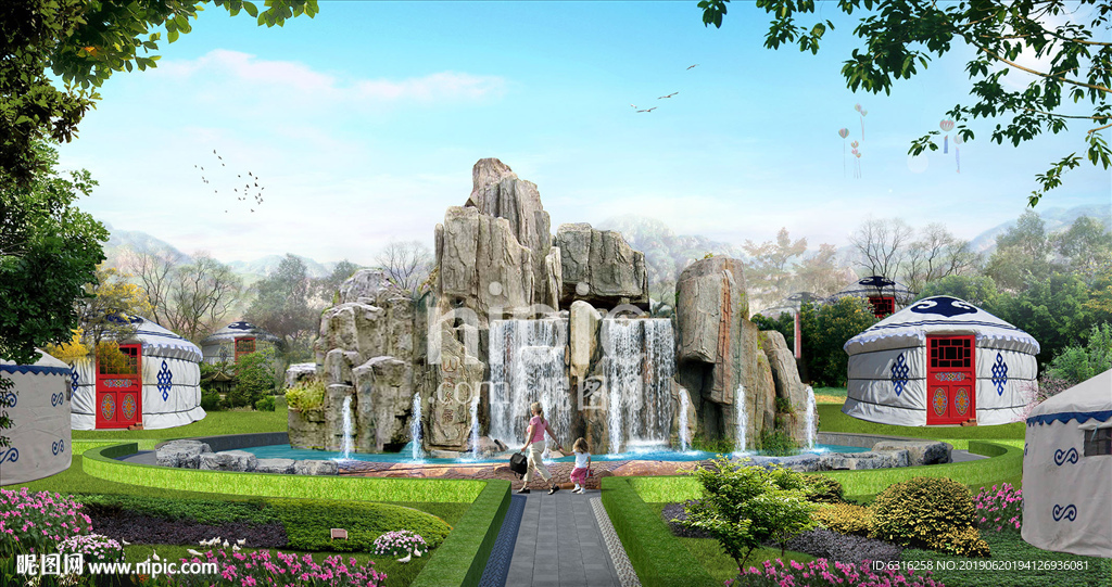 庭院假山效果图水系跌水方案