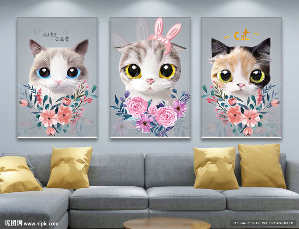 可爱卡通大眼萌猫咪花朵无框画