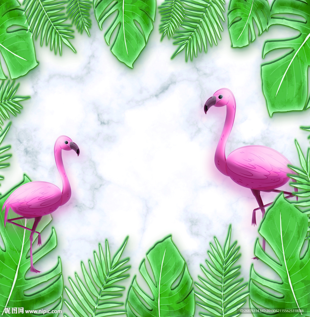 大理石热带雨林植物火烈鸟背景