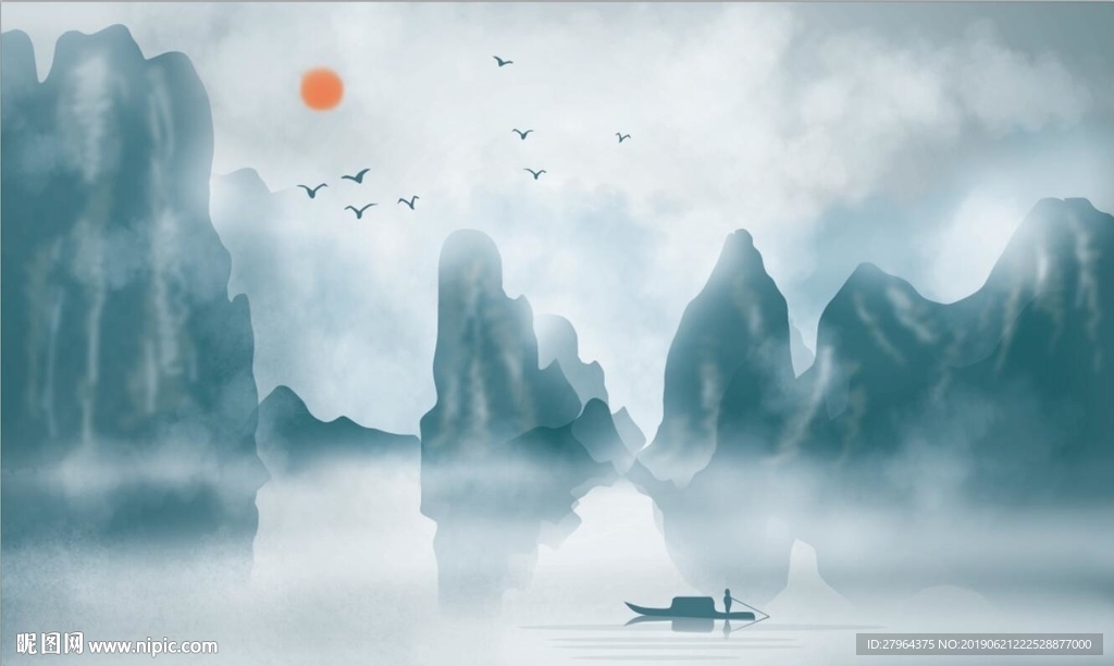 中式山水风雾山流水电视背景墙
