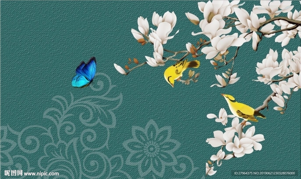 工笔画 花鸟 蝴蝶 背景墙