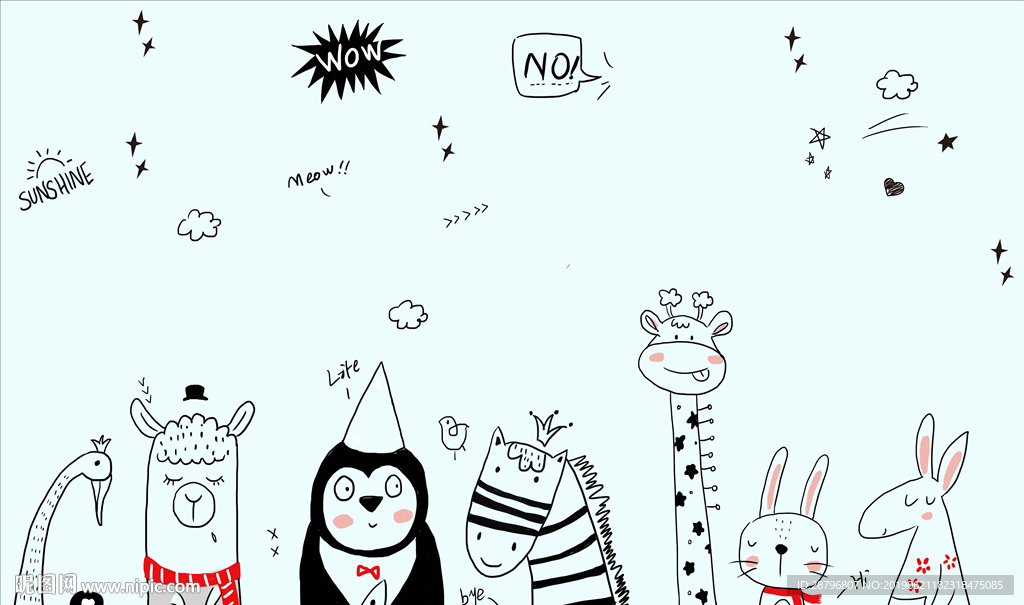 手绘欧式线条动物背景墙儿童房