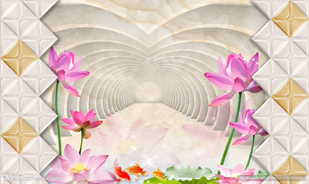 欧式花纹立体软包荷花鲤鱼电视背