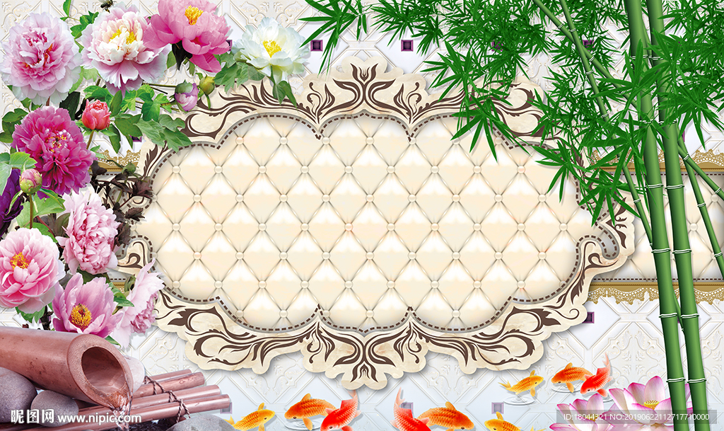欧式花纹软包竹子牡丹花电视背景