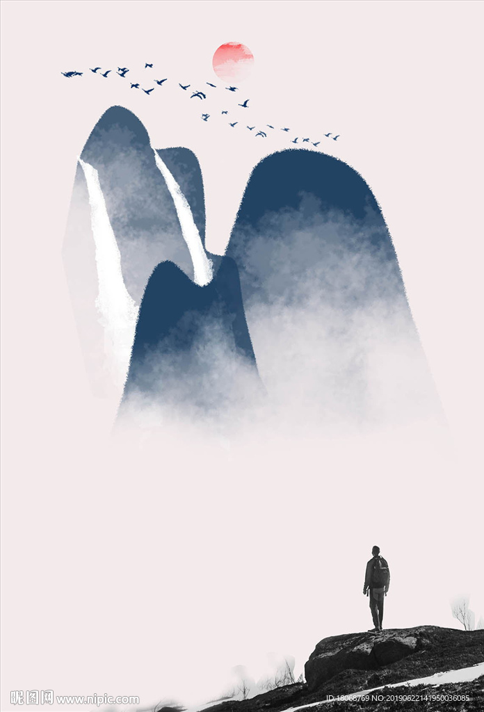 现代简约手绘抽象山脉大雁山水