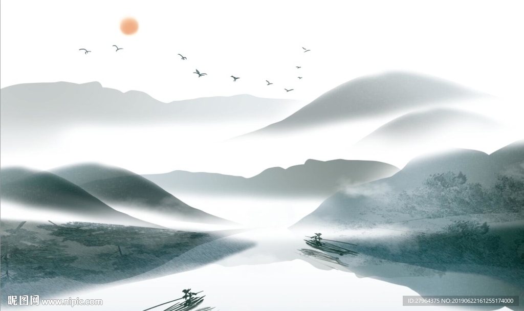 新中式水墨山水电视背景墙