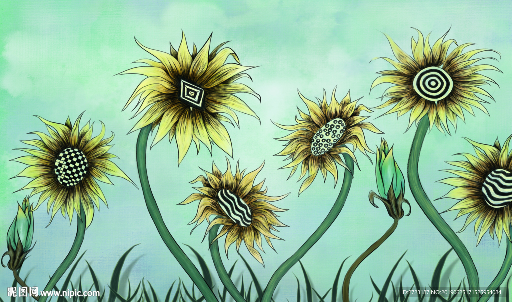 卡通向日葵花植物清新壁画背景墙