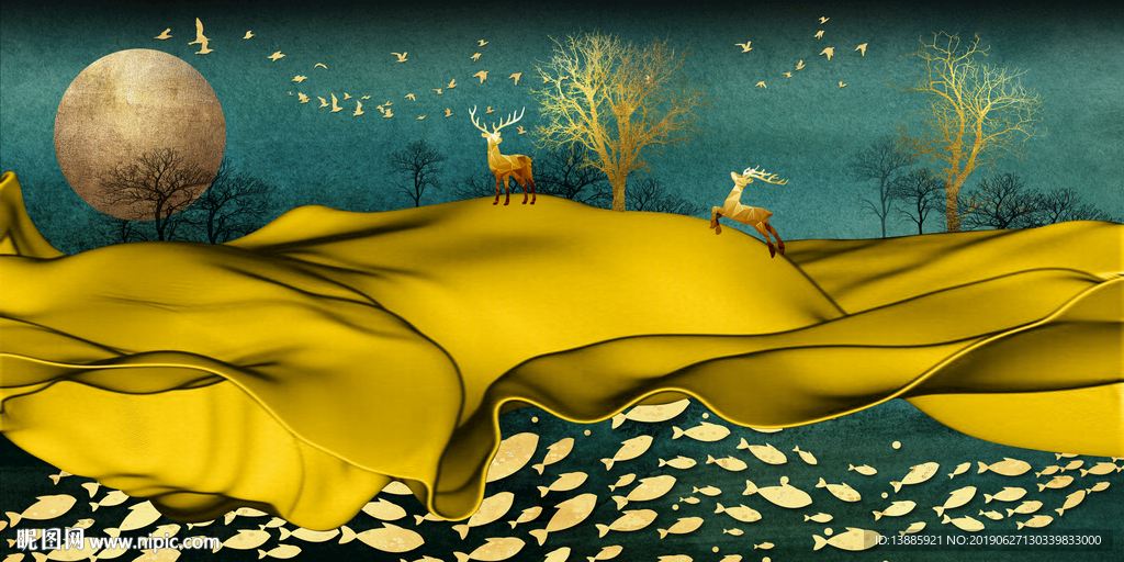 抽象山水发财麋鹿晶瓷画