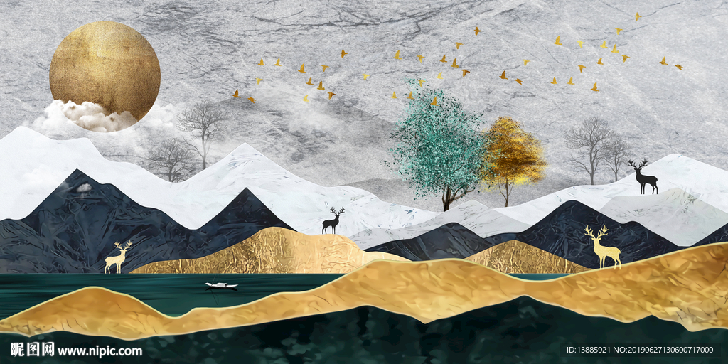 现代抽象山水麋鹿发财树晶瓷画
