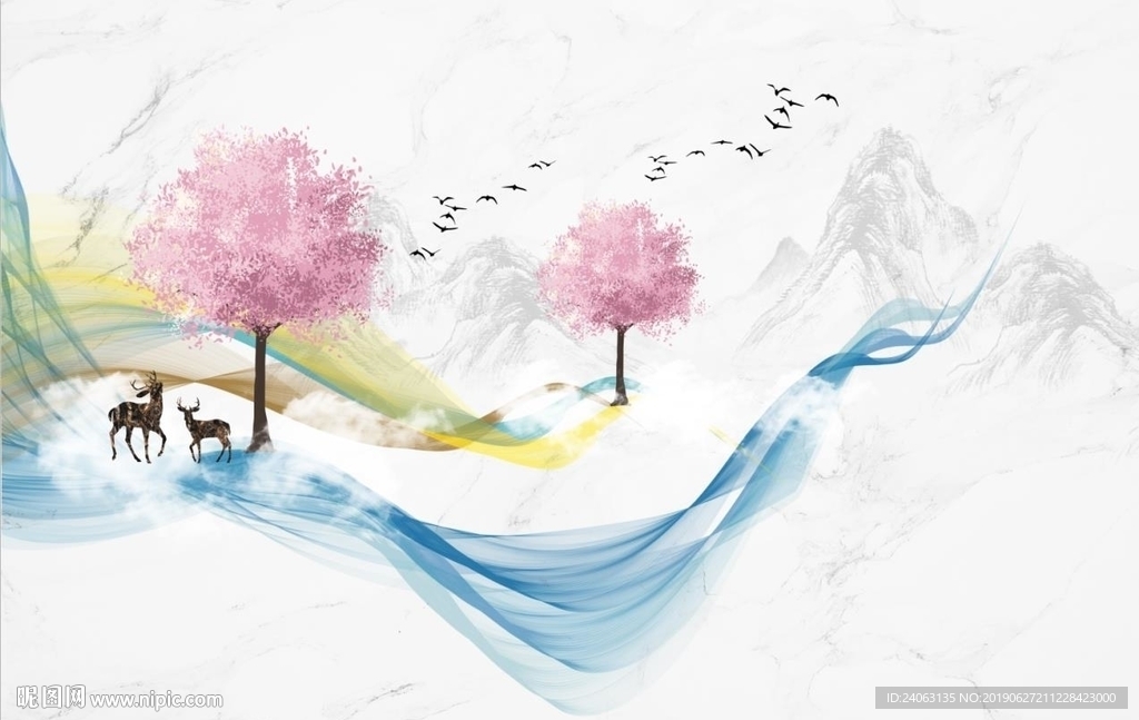 现代简约北欧抽象麋鹿山水画线条