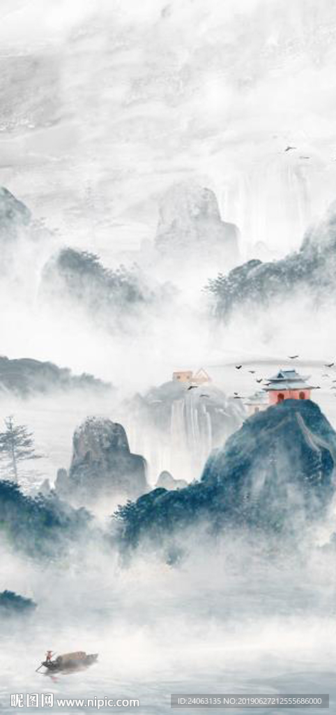 现代中式石纹山水瀑布玄关背景墙