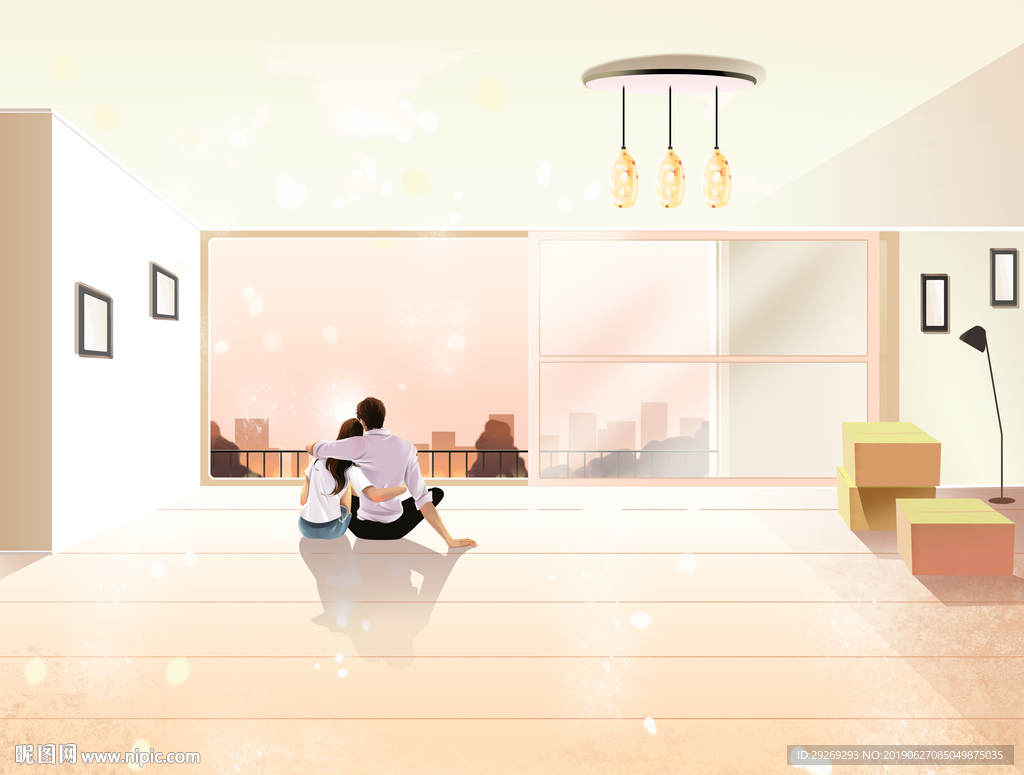 手绘情侣坐在家中眺望