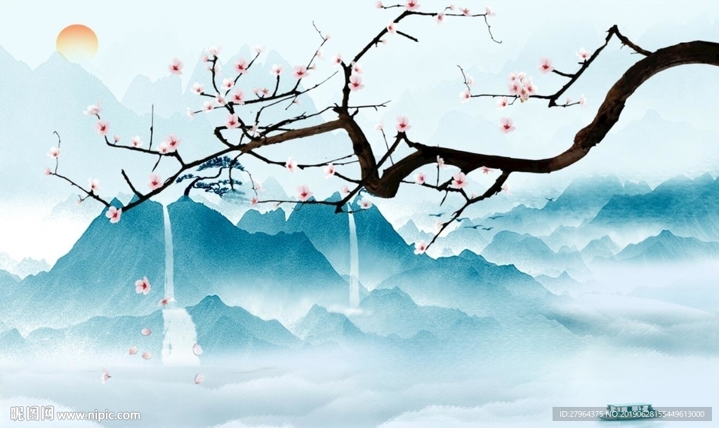 新中式水墨山水手绘花树电视墙