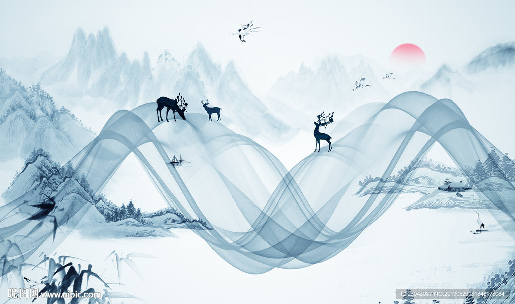 新中式抽象线条树林麋鹿背景墙