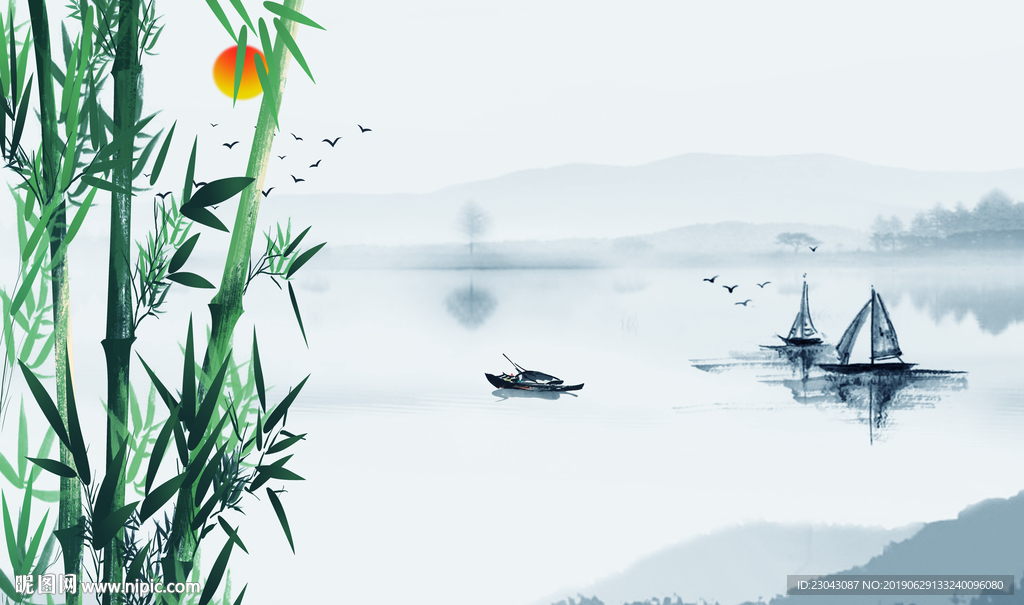 简约抽象水墨山水麋鹿电视背景墙