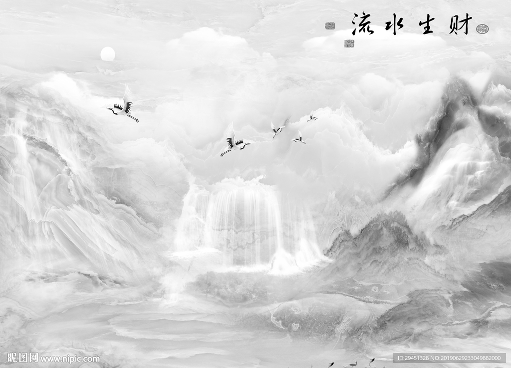 流水生财灰色背景墙画通道不分色