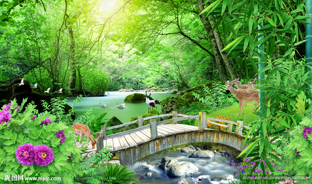 树林小桥流水背景