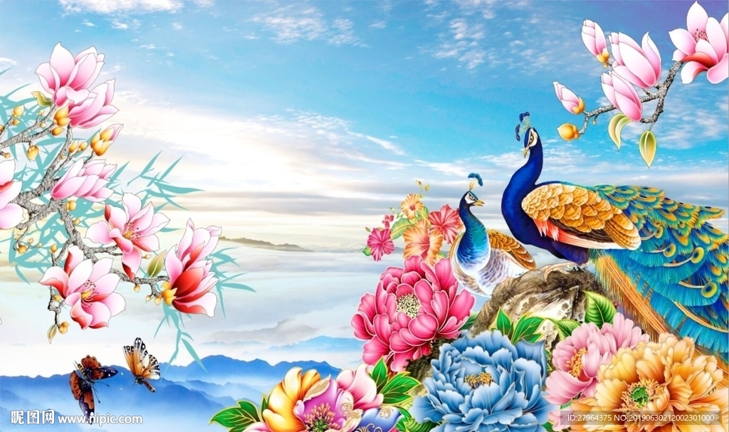 中式花开富贵孔雀牡丹花背景墙
