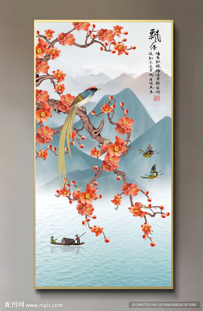 原创玄关梅花喜鹊背景墙壁画