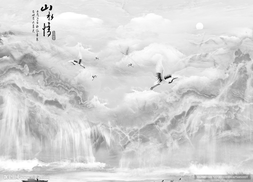 山水情灰色高清背景墙通道不分色