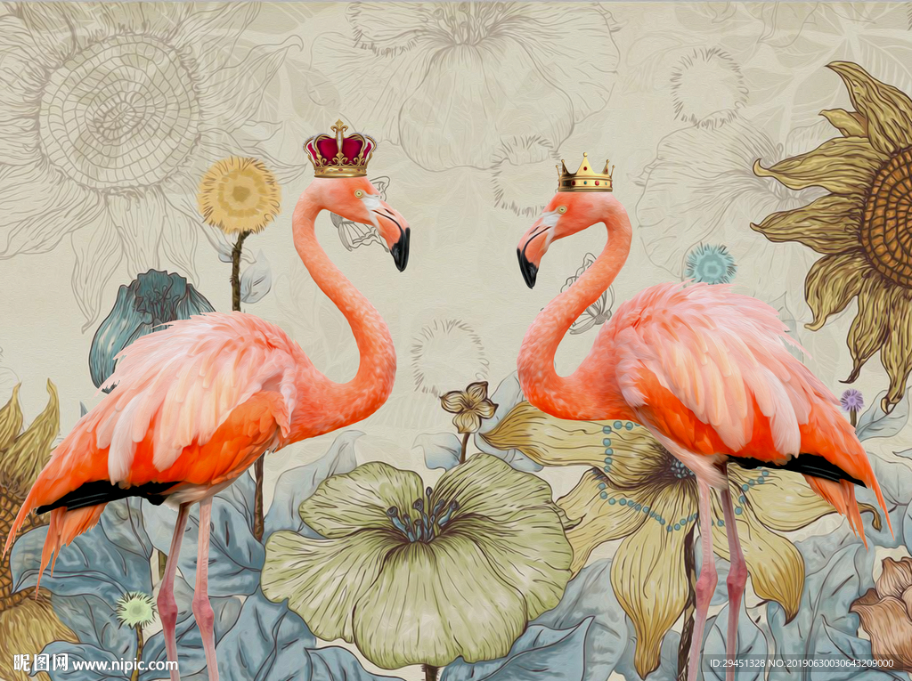 二联火烈鸟欧式手绘花朵背景墙