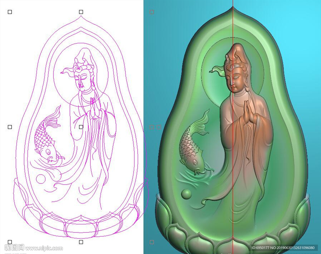 随形莲花鱼观音莲花瓣精雕浮雕