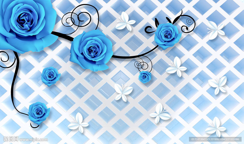 蓝玫瑰蝴蝶几何背景欧式立体壁画