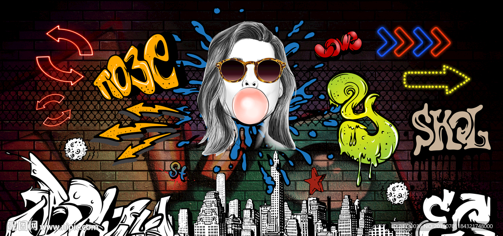 嘻哈手绘涂鸦装饰画背景墙