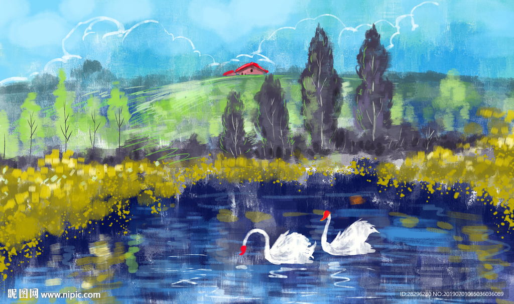 手绘抽象风景油画背景墙