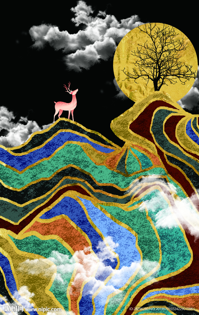 新中式金色山川晶瓷风景装饰画