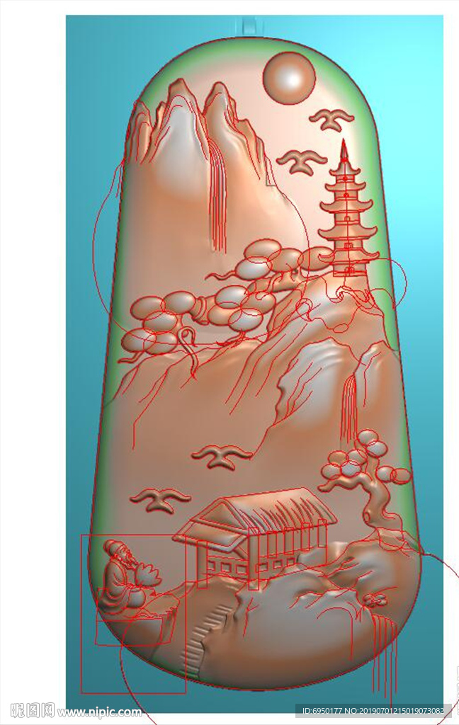 随形山水牌风景人物挂件精雕浮雕