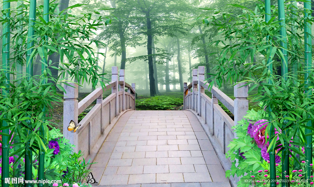 迷雾幽静森林背景墙